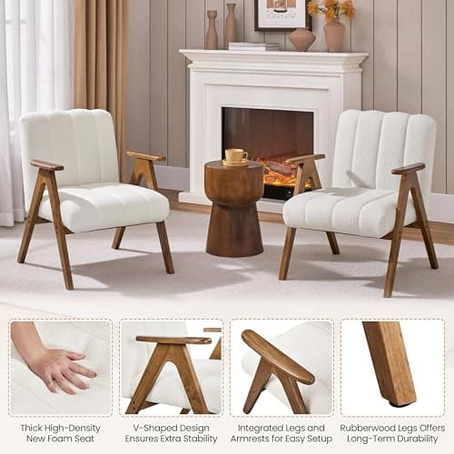 Yaheetech Boucle Fabric Mid Century Accent Chair Set of 2, Modern Upholstered Living Room Chairs with Solid Wood Legs, Reading Armchair for Small Spaces Bedroom