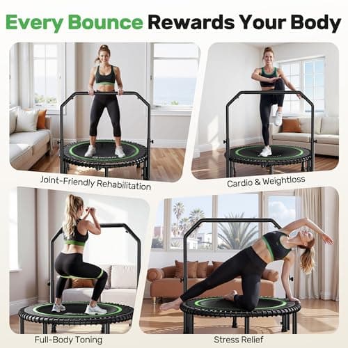 BCAN 40"/48" Mini Rebounder Trampoline for Adults with Bar, 450/550LBS Fitness Trampoline with Bungees, Adjustable Handle, Stable & Quiet, Indoor Outdoor, Whole-Body Workout & Relaxation at Home