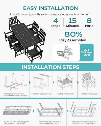 HDPE Outdoor Dining Set, 7 Piece Patio Table and Chairs Set with 2" Umbrella Hole, All Weather Patio Furniture for 6 Person in Garden, Backyard, Deck | Matte Black