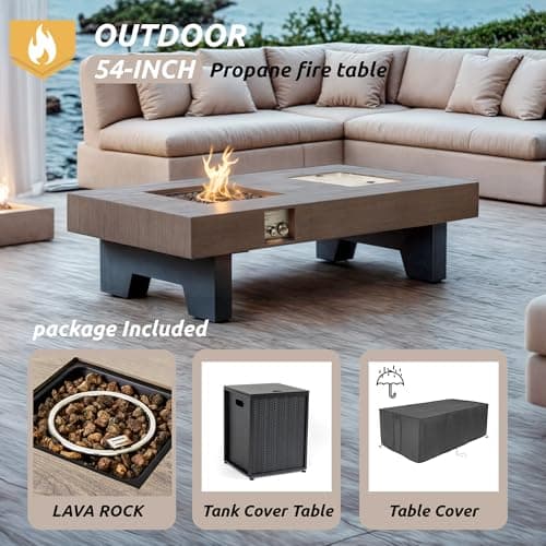 Propane Fire Pit,Outdoor Gas Fire Pit Table with Rain Cover,Rectangular Heater for Patio, Backyard, Deck,50,000BTU Outdoor Modern Patio Fire Pit (Wood, 54)