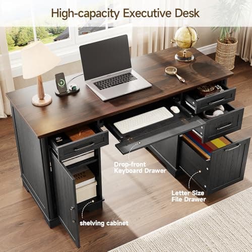 56" Large Modern Executive Desk, Farmhouse Computer Desk with File Drawers, Wood Home Office Desks with Charging Station, Adjustable Shelf, Storage Cabinet, for Writing Work Study (Black)