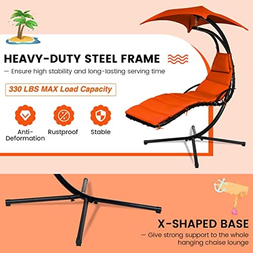 Tangkula Hanging Chaise Lounge, Arc Stand Floating Hammock Swing Chair w/ Canopy and Built-in Pillow, Curved Steel Patio Lounge Chair, Freestanding Hammock Chair with Stand for Patio Backyard Garden