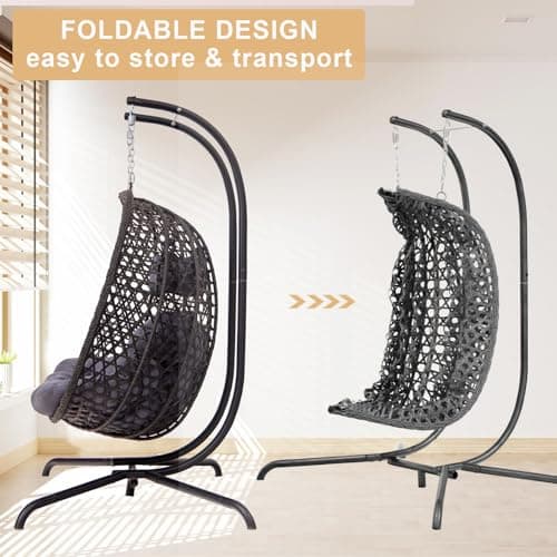 Double Hanging Swing Egg Chair with Stand, Hexagon Wicker Hammock Swing Chair for Outdoor Garden Patio, 2 Person Egg Chair with Foldable Loveseat Removable Cushions (Dark Grey)