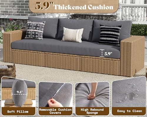 AMERLIFE 6-Piece Patio Sofa Set with Convertible Coffee Table - 8.3" Wide Armrests, UV-Resistant PE Rattan Outdoor Conversation Set for Balcony/Poolside, Waterproof Grey Cushions, Heavy-Duty Wicker