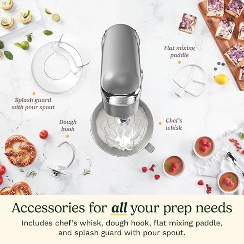 Cuisinart Stand Mixer, 12 Speeds, 5.5-Quart Mixing Bowl, Chef's Whisk, Flat Mixing Paddle, Dough Hook, and Splash Guard with Pour Spout, Silver Lining, SM-50BC, Silver Lining