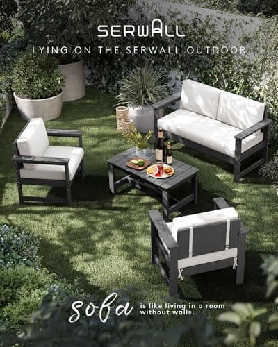 SERWALL 5 Pieces HDPE Outdoor Sofa Set with Cushions, All Weather Use Patio Conversation Couch Loveseat Furniture with Coffee Table for Balcony, Deck, Poolside, Grey Frame with Khaki Cushions