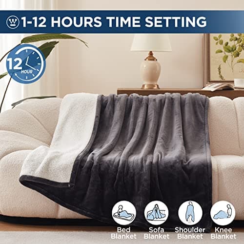 Westinghouse Electric Blanket Twin, Heated Blanket Twin Size with 10 Heating Levels and 1 to 12 Hours Heating Time Settings, Flannel to Sherpa Reversible, Machine Washable (62" x 84", Charcoal)