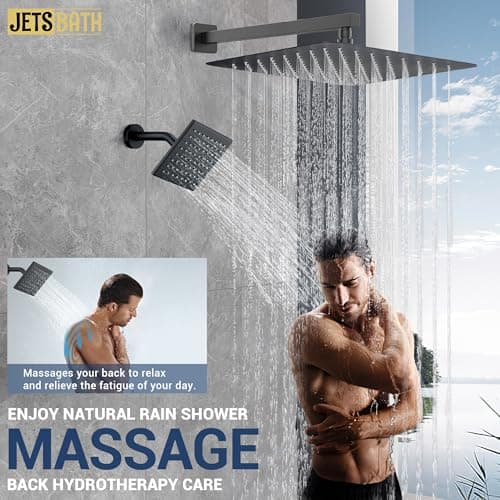 16" Thermostatic Dual Rainfall Head Shower System with Handheld & Valve, 16-Inch Shower Faucet Set with 6-Inch Shower Head, JetsBath Matte Black Full Body Shower System for Couples/2-Person