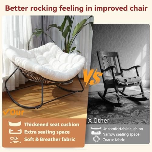 Papasan Rocking Chair, Rattan Rocking Chair, Oversized Outdoor Chair with Deep Seat Thick Cushion, Patio Rocking Chair for Bedroom/Porch/Garden (White & Black)