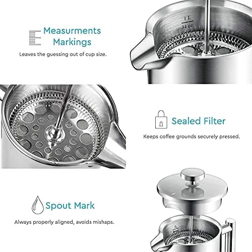 Belwares French Press Coffee Maker 50 Oz – Insulated Coffee Press Stainless Steel 304 Large – Double Wall, & 4 Level Filtration System (1.5 Liter) – Silver