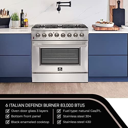 FORNO Galiano Dual Fuel 36" Inch. Freestanding Range 6 Sealed Brass Burners Cooktop - 5.36 Cu. Ft. Convection Electric Oven - Stainless Steel Stove Range Heavy Duty Cast Iron Grates