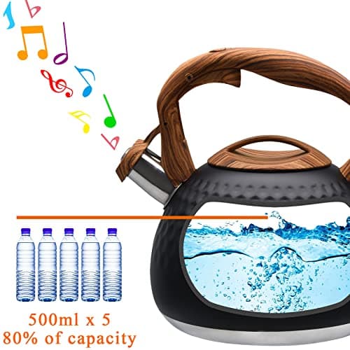 GGC Tea Kettle for Stove Top, Loud Whistling Kettle for Boiling Water Coffee or Milk, 3.1 Quart 3L Heavy Stainless Steel Black Kettle with Wood Pattern Handle, Unique Button Control Kettle Outlet