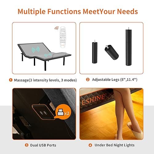 ESHINE 14" Hybrid Mattress King + Adjustable Bed Frame - Luxury Gel Memory Foam, Upholstered Bed Frames with Massage, USB, Under Bed Night Light, Head and Foot Incline, 3100 Series, King