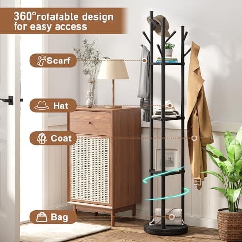FILWH Bamboo Coat Rack Rotary Freestanding with Shelf Coat Tree Stand for Hallway Entryway with 9 Hooks and 3 Storage Shelves (Black)