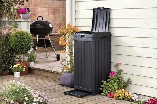 Keter Baltimore Resin 38 Gallon Outdoor Kitchen Trash Can with Lid and Drip Tray for Easy Cleaning-Perfect for Patio Dining, Black