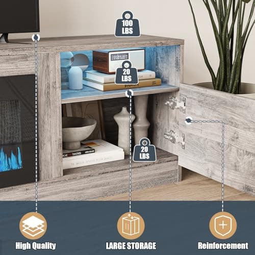 VITESSE TV Stand with 36" inch Electric Fireplace Up to 90" TVs, LED Light Entertainment Center, 80" Modern Wood High Gloss Fireplace with Highlight Storage Cabinet for Living Room (Gray)