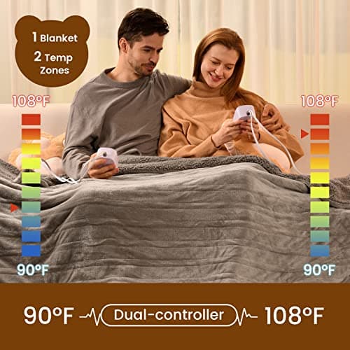 Bearhug Electric Blanket King Size 100" x 90", Dual Controller Heated Blanket, Velvet & Sherpa, 10-Heat Levels & 1-12H Auto Off, Over-Heat Protect, ETL, Machine Washable