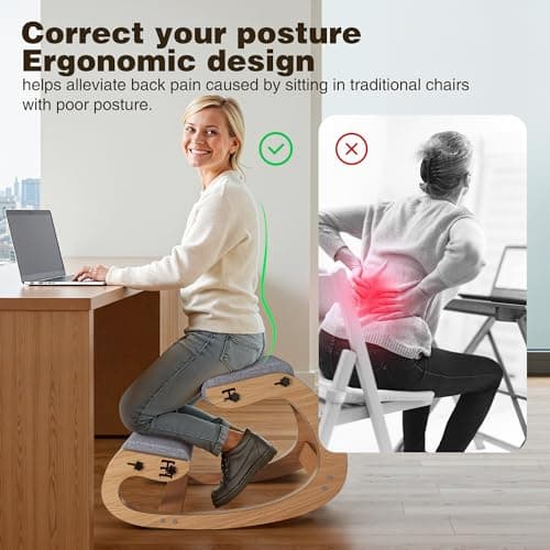 Ergonomic Kneeling Chair with Wooden Frame - Adjustable Height Office Chair with Soft Padding for Back Pain Relief, Posture Correcting Home & Office Desk Chair