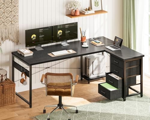 AODK L Shaped Gaming Desk with 4 Drawers, 61" Reversible Home Office Desks with Power Outlets, L Shaped Computer Desk with USB Charging Port and Host Stand, Corner Desk, Easy to Assemble, Black