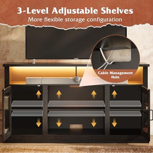 WLIVE Farmhouse TV Stand for 65 Inch TV, Tall Entertainment Center with LED Lights, Mid Century Modern TV Console with Open Shelves and Glass Cabinet Doors for Living Room and Bedroom, Black