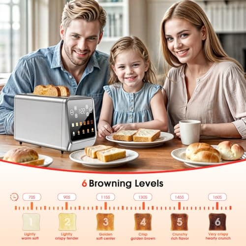 2 Slice Toaster Touch Screen with 1.5" Wide Slots & Memory Recall | 900W Fast Even Toast | LCD Display + 6 Shade Settings for Bagels & Thick Bread