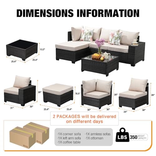 5 Pieces Patio Furniture Set All-Weather Outdoor Wicker Sectional Conversation Sofa Rattan Patio Seating Sofa with Cushion and Glass Table and Ottoman for Porch,Beige