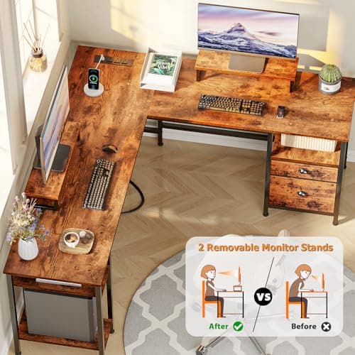 Furologee 66” L Shaped Desk with Power Outlet, Reversible Computer Gaming Desk with File Drawer & 2 Monitor Stands for Home Office with Storage Shelves, Rustic Brown