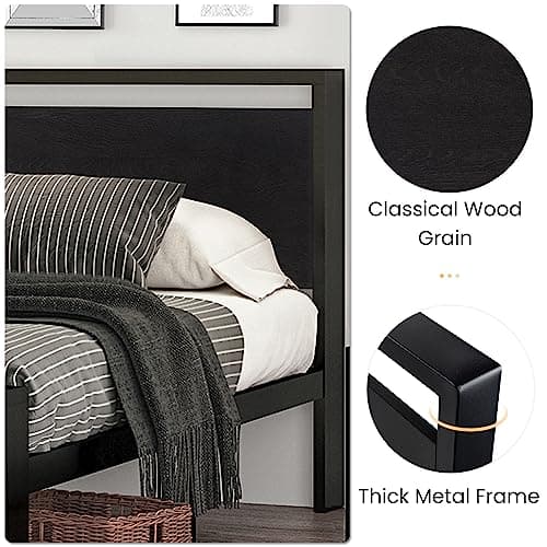 SHA CERLIN 14 Inch Queen Size Metal Platform Bed Frame with Wooden Headboard and Footboard, Mattress Foundation, No Box Spring Needed, Large Under Bed Storage, Non-Slip Without Noise, Black Oak