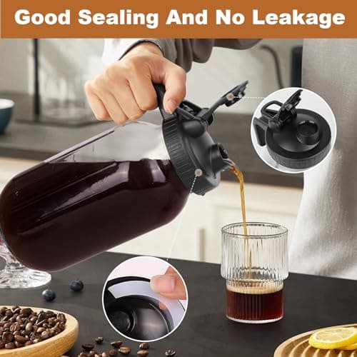 Cold Brew Coffee Maker,64 oz Mason Jar Pitcher with Stainless Steel Filter, Pour Spout Handle Lid, Heavy Duty Glass Airtight & Leak-Proof Pitcher for iced coffee Tea Lemonade