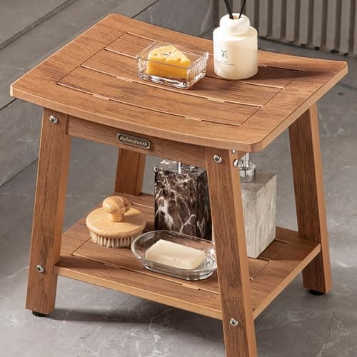 HDPS Shower Bench Seat for Inside, Waterproof Poly Lumber Shower Stool for Shaving Legs, Bathroom Foot Rest with Storage Shelf, Plastic Bath Chair Seat for with Adjustable Feet, No Maintenance, Brown