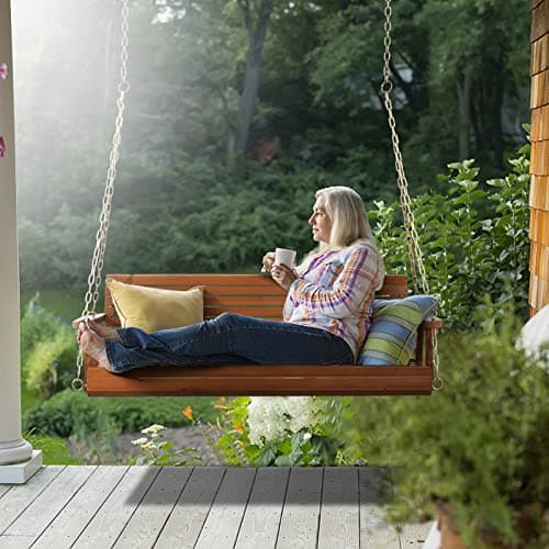 VINGLI Upgraded Patio Wooden Porch Swing for Courtyard & Garden, Heavy Duty 880 LBS Swing Chair Bench with Hanging Chains for Outdoors (Brown, 5 FT)