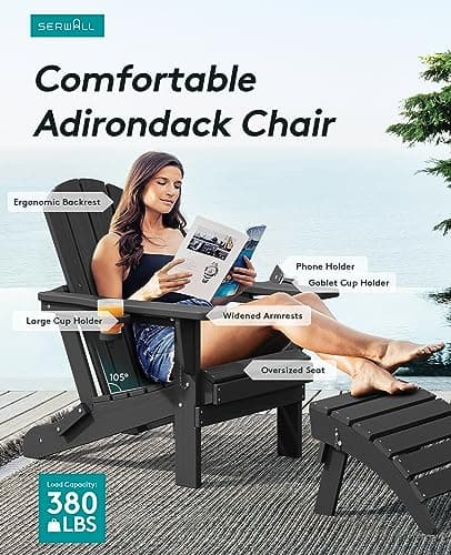 SERWALL HDPE Folding Adirondack Chair with Dual Cup Holder - Composite Adirondack Chair - Black