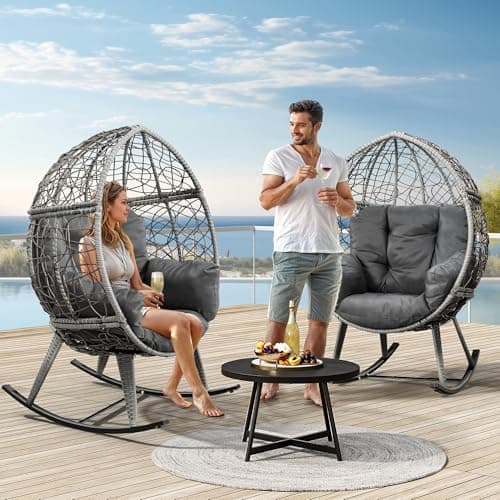 YITAHOME Wicker Rocking Egg Chair, Outdoor Patio Rocking Chair with 5.9in Thick Cushion, 250lb Capacity, Anti-Slip, All-Weather Resilient Egg Lounger Chair for Indoor & Outdoor, Grey(1 Pack only)