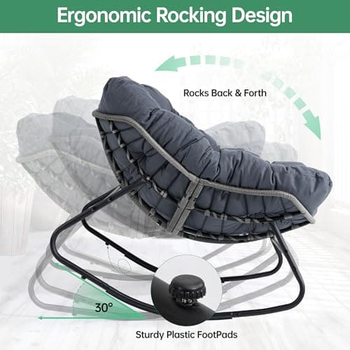 LotFun Papasan Rocking Chair, Outdoor Patio Rocking Chairs with Thick Cushion and Removable Side Pockets, Oversized Rocker Egg Chair for Bedroom, Porch, Garden (Dark Grey, 33" W x 40" D x 28" H)