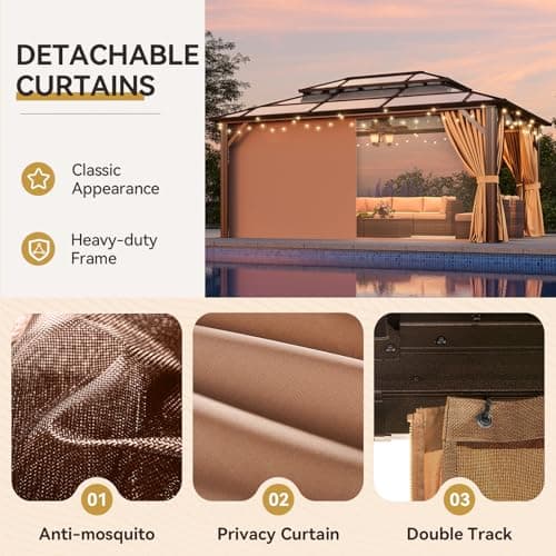 Aoxun 12'x16' Hardtop Gazebo, Aluminum Frame Permanent Pavilion with Netting and Curtains, Outdoor Polycarbonate Double Roof Canopy, Designed for Lawn, Garden, Patio (Brown)