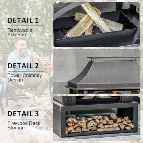 39" Fire Pits with Wood Storage for Outside, Large Wood Burning Outdoor Fireplace with Chimney, Mesh Spark Screen & Fire Poker, Idea for Backyard, Patio, Party, Camping, Picnic