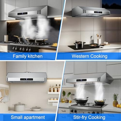 30 Inch Under Cabinet Range Hood with 1200CFM Powerful Suction,Stainless Steel Ducted Vent Hood with 4 Speeds,Smart Touch Panel, 3W LED Lights, Quiet Kitchen Exhaust Hood,18B-E30