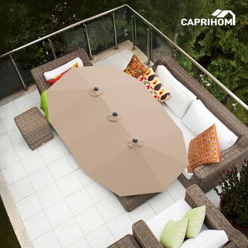 15ft Patio Umbrella with Base Included, Double Sided Outdoor Large Rectangular Patio Umbrella with Crank Handle, for Lawn Garden, Khaki