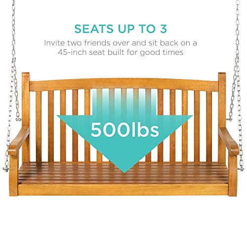 Best Choice Products 48in Wood Porch Swing Outdoor Patio Hanging Bench Chair Furniture for Deck, Garden, Yard w/Mounting Chains, Curved Back Design, 500lb Weight Capacity - Brown