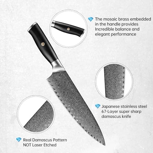 Damascus Chef`s Knife 8",10Cr15CoMoV HC Steel Cutting Core cladded with 72 Layers Damascus Steel, Pakkawood Handle, Premier Kitchen Gadget w/t Gift Box