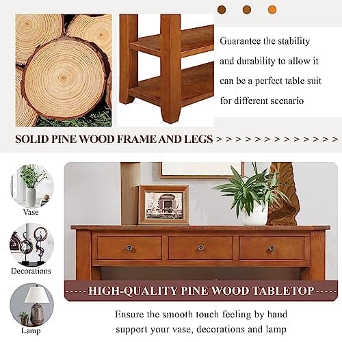 Solid Wood Console Table Entryway Table with Storage Drawers and Bottom Shelf Sofa Table for Entry Hallway Foyer Sofa Couch Table,Fully Assembled (48.8" Brown)