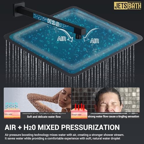 16" Thermostatic Dual Rainfall Head Shower System with Handheld & Valve, 16-Inch Shower Faucet Set with 6-Inch Shower Head, JetsBath Matte Black Full Body Shower System for Couples/2-Person