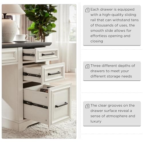 JXQTLINGMU 58" Executive Desk, Farmhouse Computer Desk with Drawers and Cabinet, Embossed Texture Home Office Desk w/Charging Station, Workspace for Work Study Writing, Off White