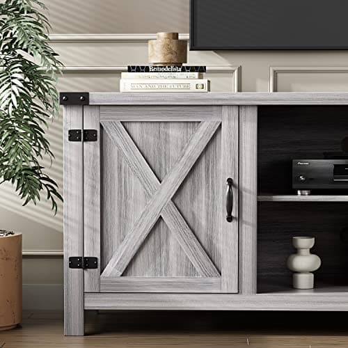 YESHOMY Modern Farmhouse TV Stand with Two Barn Doors and Storage Cabinets for Televisions up to 65+ Inch, Entertainment Center Console Table, Media Furniture for Living Room, 58 Inch, Gray Wash