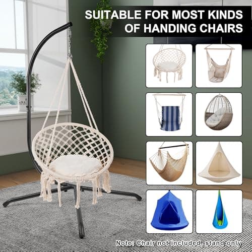 Hammock Swing Stand, C-Stand for Hanging Hammock Chairs with Buckle and Spring Hook, 400 Pound Capacity, Steel Stand Only, Outdoor Indoor Bedroom Patio Garden Balcony - Black