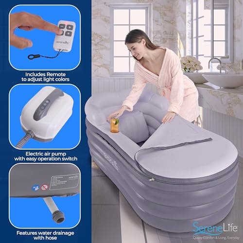 SereneLife Spa Bathtub with Bubble Massage Mat – Inflatable Bathtub with Pillow, Cup Holder, Remote Control for LED Lighting, Backrest and Armrests, Supporting Up To 190 lbs. 66" x 30" x 26"