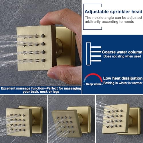 Thermostatic Shower System Dual Shower Heads with 16" Ceiling Mounted Rain Shower Head & 6" Wall Mounted Head 4 Function Shower System with body jets Can All Run Together, Brushed Gold