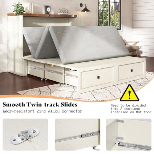 AMERLIFE Queen Murphy Bed with Storage & Charging Station, Farmhouse Murphy Cabinet with Foldable Panel, Noisy Free, for Guest Bedroom, Living Room, Office, Distressed White & Barnwood