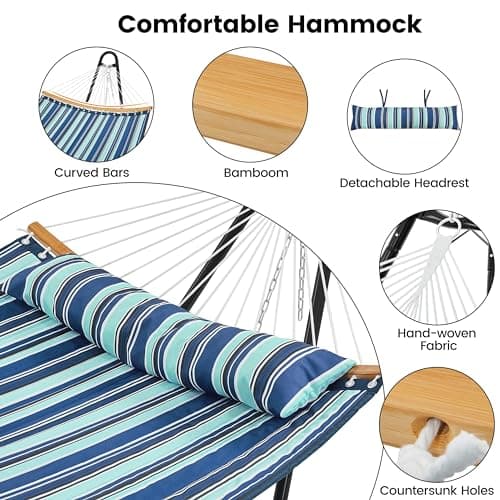 Yaheetech Hammock with Stand Set, Heavy-Duty Steel Hammock Stand for 2-3 People Outdoor, Porch, Patio, Deck and Backyard, Max Weight Capacity 475LB - Blue Stripe