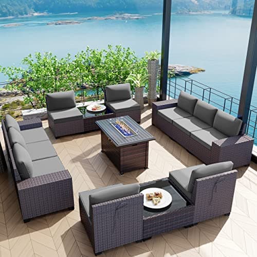 Kullavik 13 Pieces Outdoor Patio Furniture Set with 43" 55000BTU Gas Propane Fire Pit Table PE Wicker Rattan Sectional Sofa Patio Conversation Sets,Grey